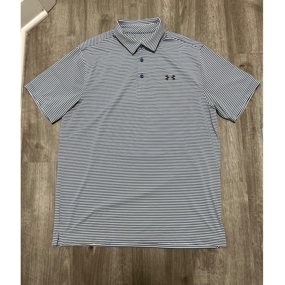 Under Armour Men's white & blue striped‎ polo, size L